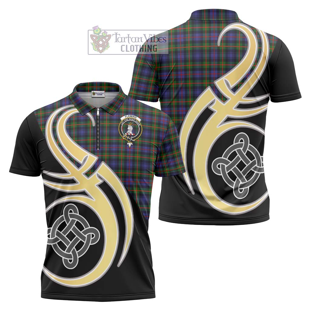 Tartan Vibes Clothing Fleming Tartan Zipper Polo Shirt with Family Crest and Celtic Symbol Style