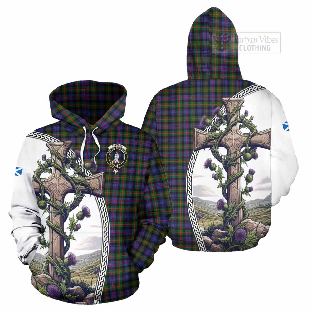 Tartan Vibes Clothing Fleming Tartan Hoodie with Family Crest and St. Andrew's Cross Accented by Thistle Vines