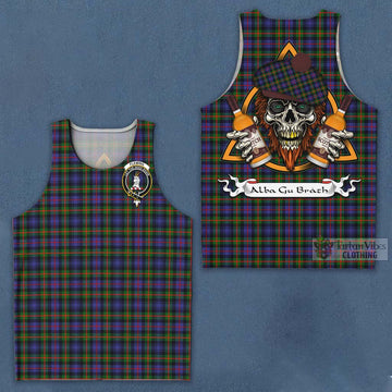 Fleming Tartan Men's Tank Top with Family Crest and Bearded Skull Holding Bottles of Whiskey