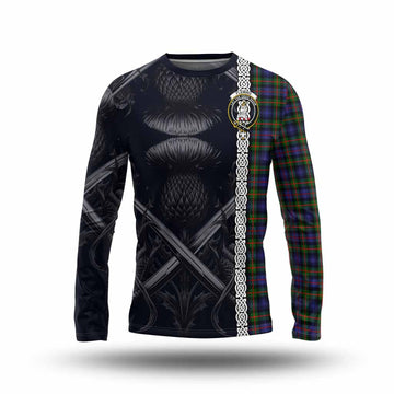 Fleming Tartan Long Sleeve T-Shirt with Family Crest Cross Sword Thistle Celtic Vibes