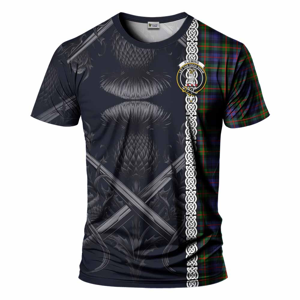 Tartan Vibes Clothing Fleming Tartan T-Shirt with Family Crest Cross Sword Thistle Celtic Vibes