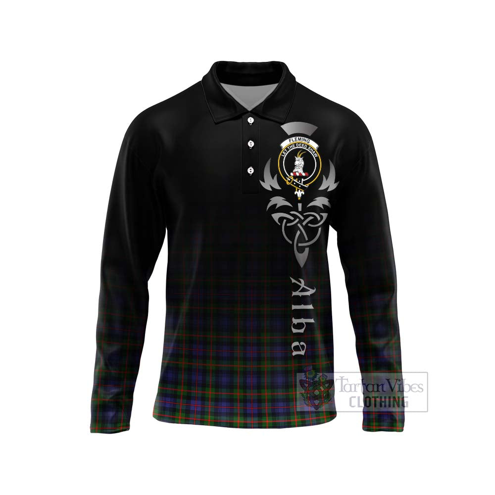 Tartan Vibes Clothing Fleming Tartan Long Sleeve Polo Shirt Featuring Alba Gu Brath Family Crest Celtic Inspired