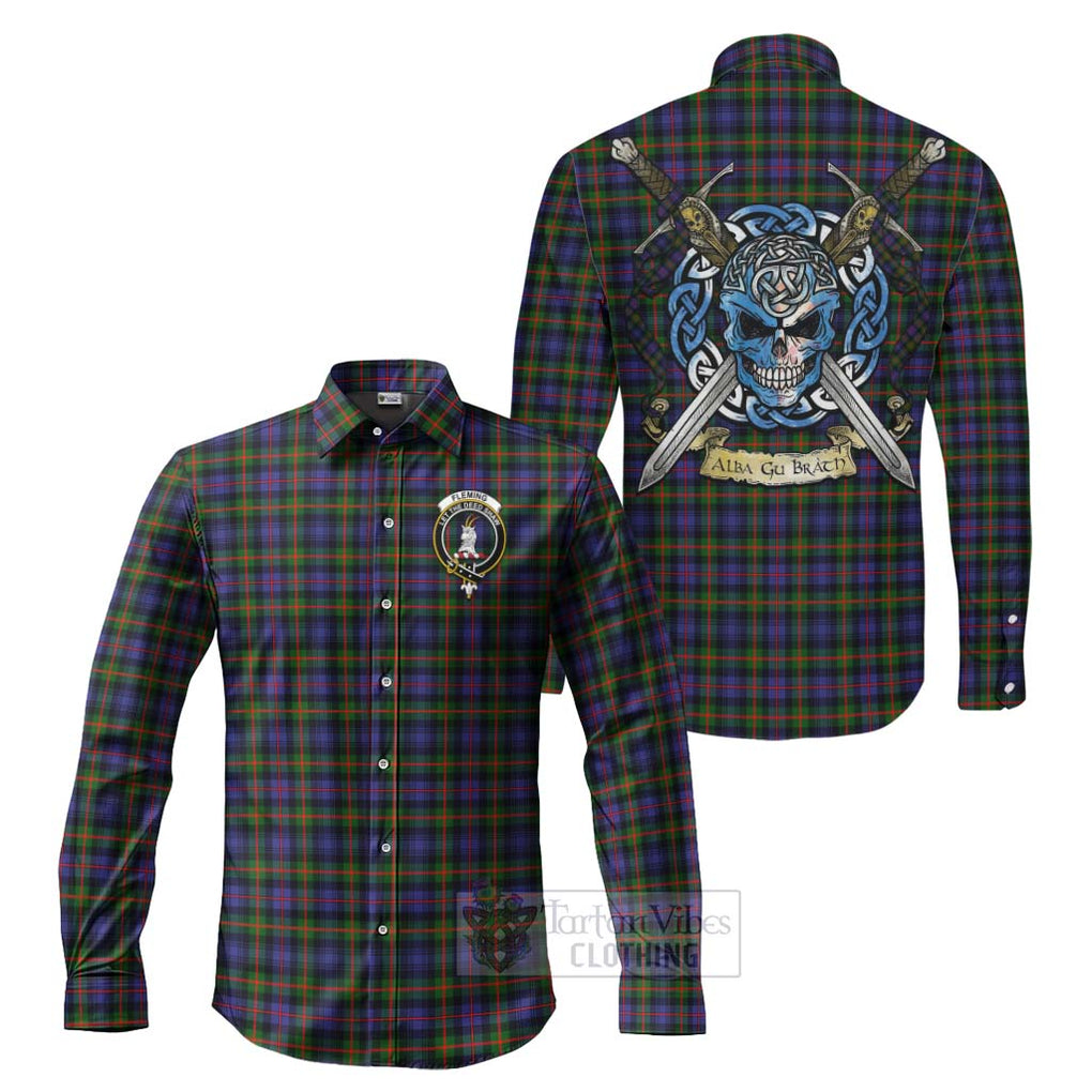 Fleming Tartan Long Sleeve Button Shirt with Family Crest Celtic Skull Style Men's Shirt S - Tartan Vibes Clothing