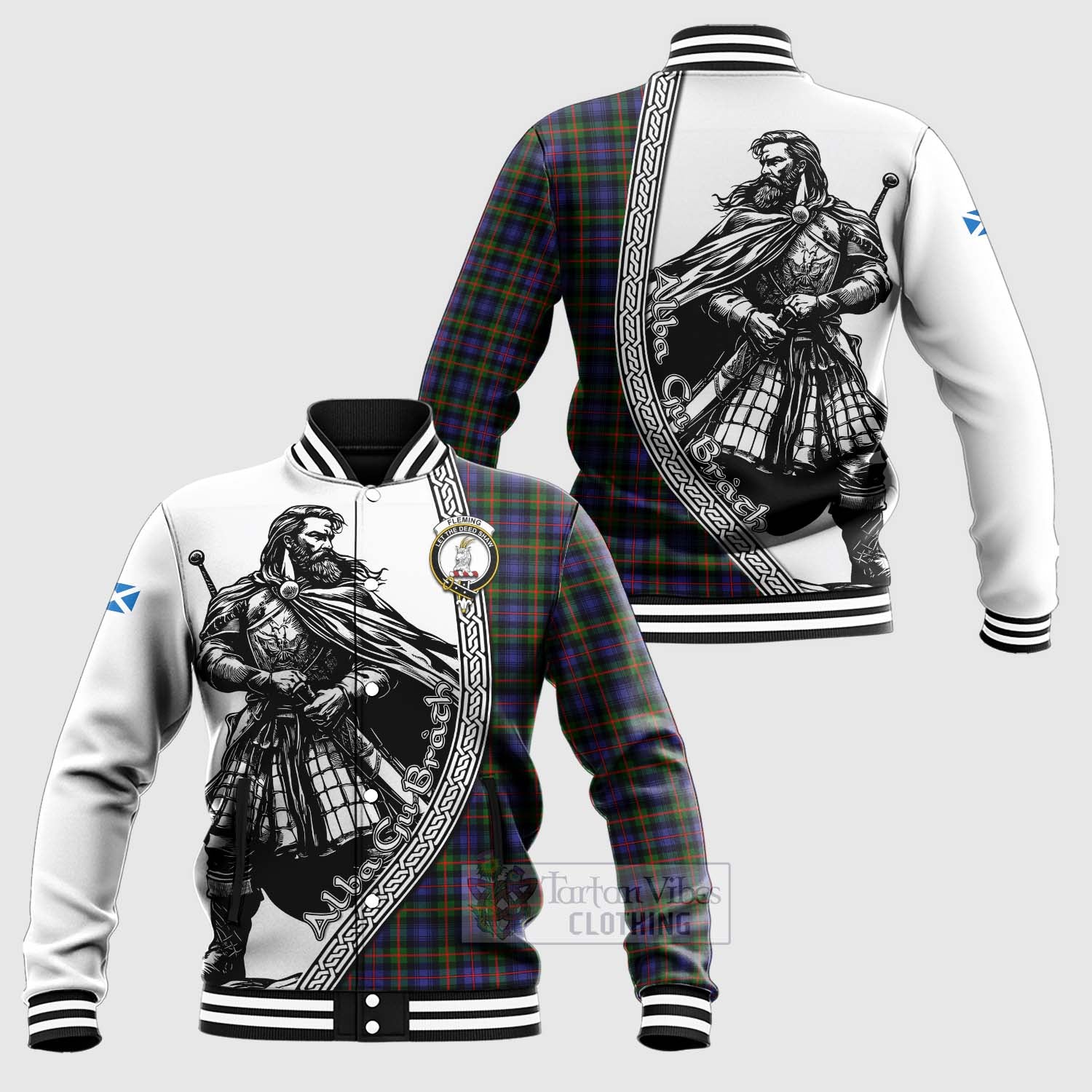 Tartan Vibes Clothing Fleming Tartan Clan Crest Baseball Jacket with Highlander Warrior Celtic Style