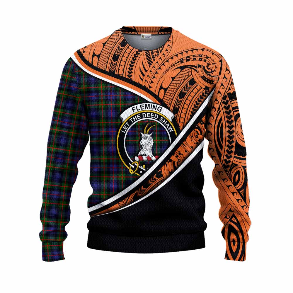 Tartan Vibes Clothing Fleming Crest Tartan Knitted Sweater with Maori Tattoo Style - Orange Version