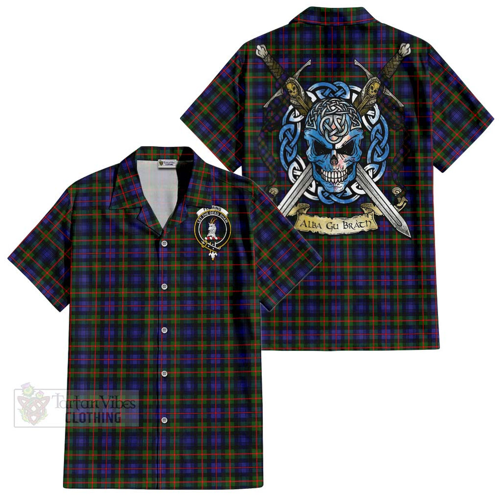 Tartan Vibes Clothing Fleming Tartan Short Sleeve Button Shirt with Family Crest Celtic Skull Style