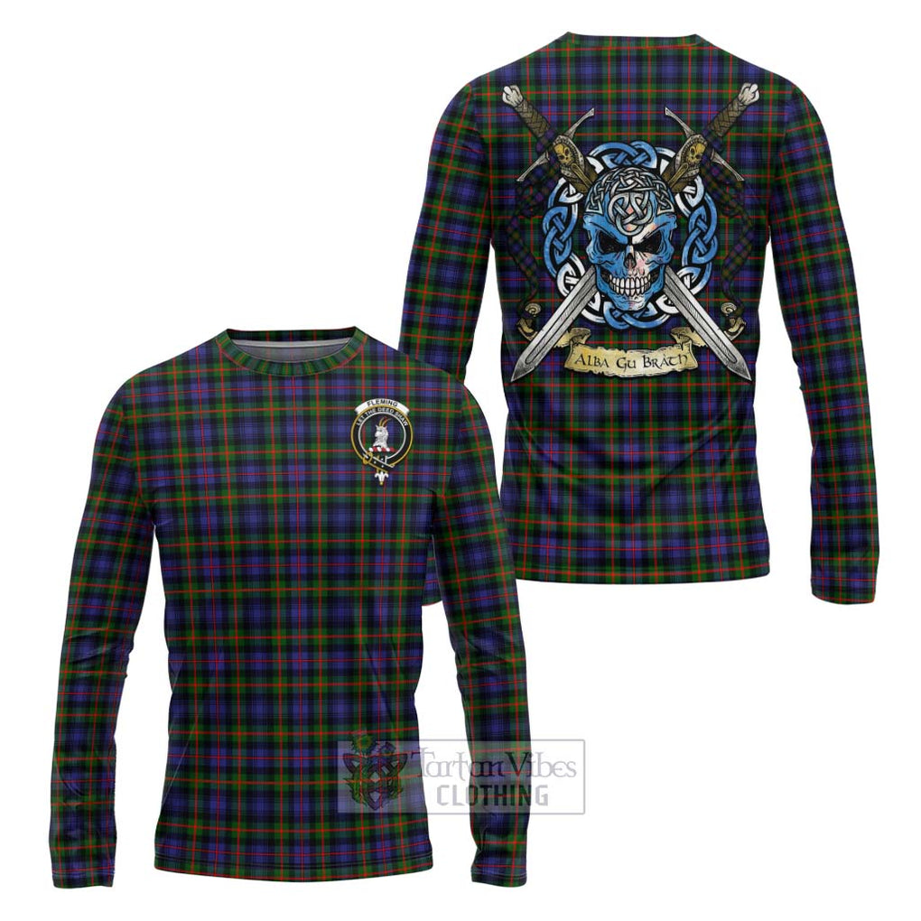 Tartan Vibes Clothing Fleming Tartan Long Sleeve T-Shirt with Family Crest Celtic Skull Style