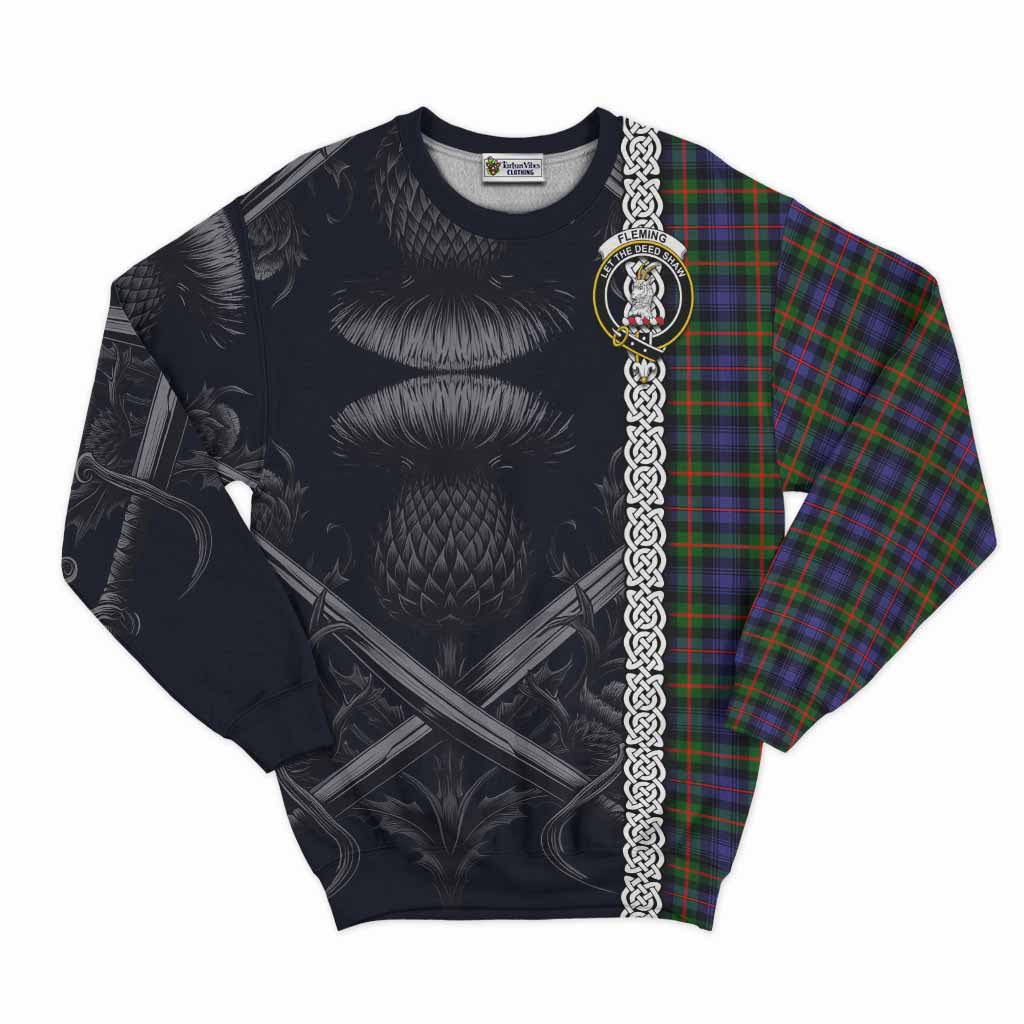 Tartan Vibes Clothing Fleming Tartan Sweatshirt with Family Crest Cross Sword Thistle Celtic Vibes