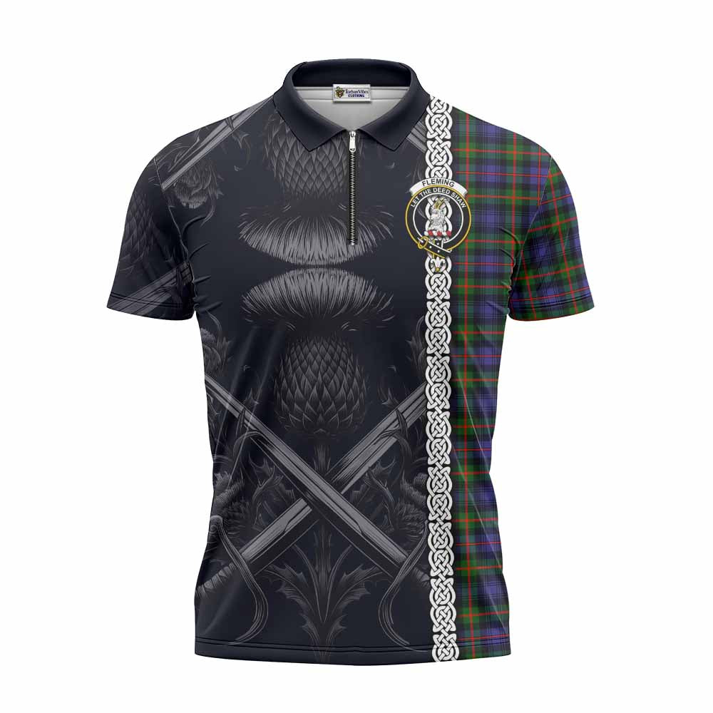 Tartan Vibes Clothing Fleming Tartan Zipper Polo Shirt with Family Crest Cross Sword Thistle Celtic Vibes