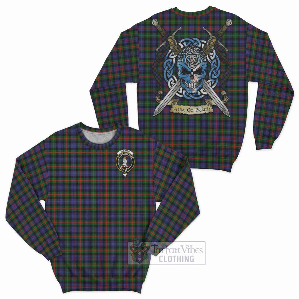 Tartan Vibes Clothing Fleming Tartan Sweatshirt with Family Crest Celtic Skull Style