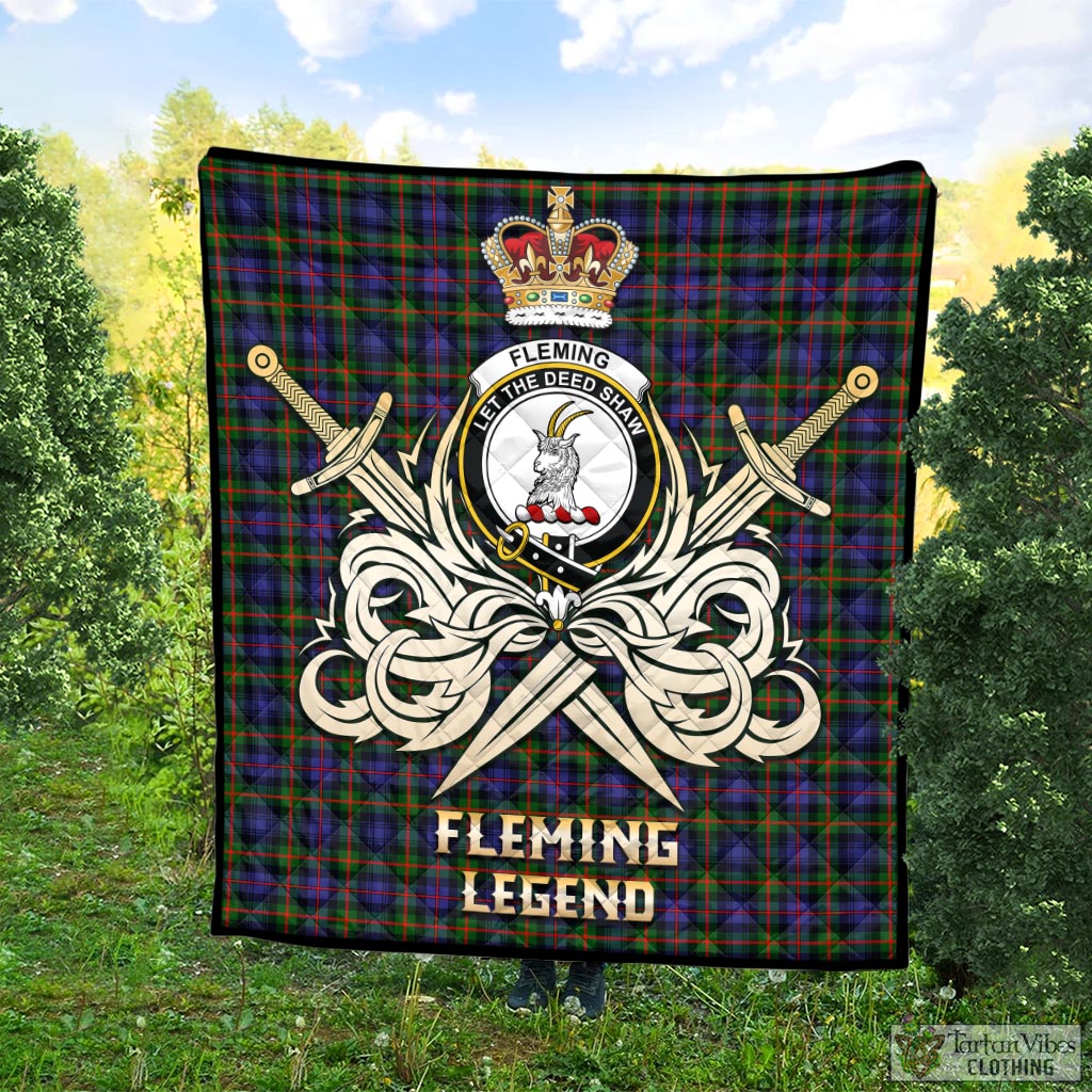 Tartan Vibes Clothing Fleming Tartan Quilt with Clan Crest and the Golden Sword of Courageous Legacy