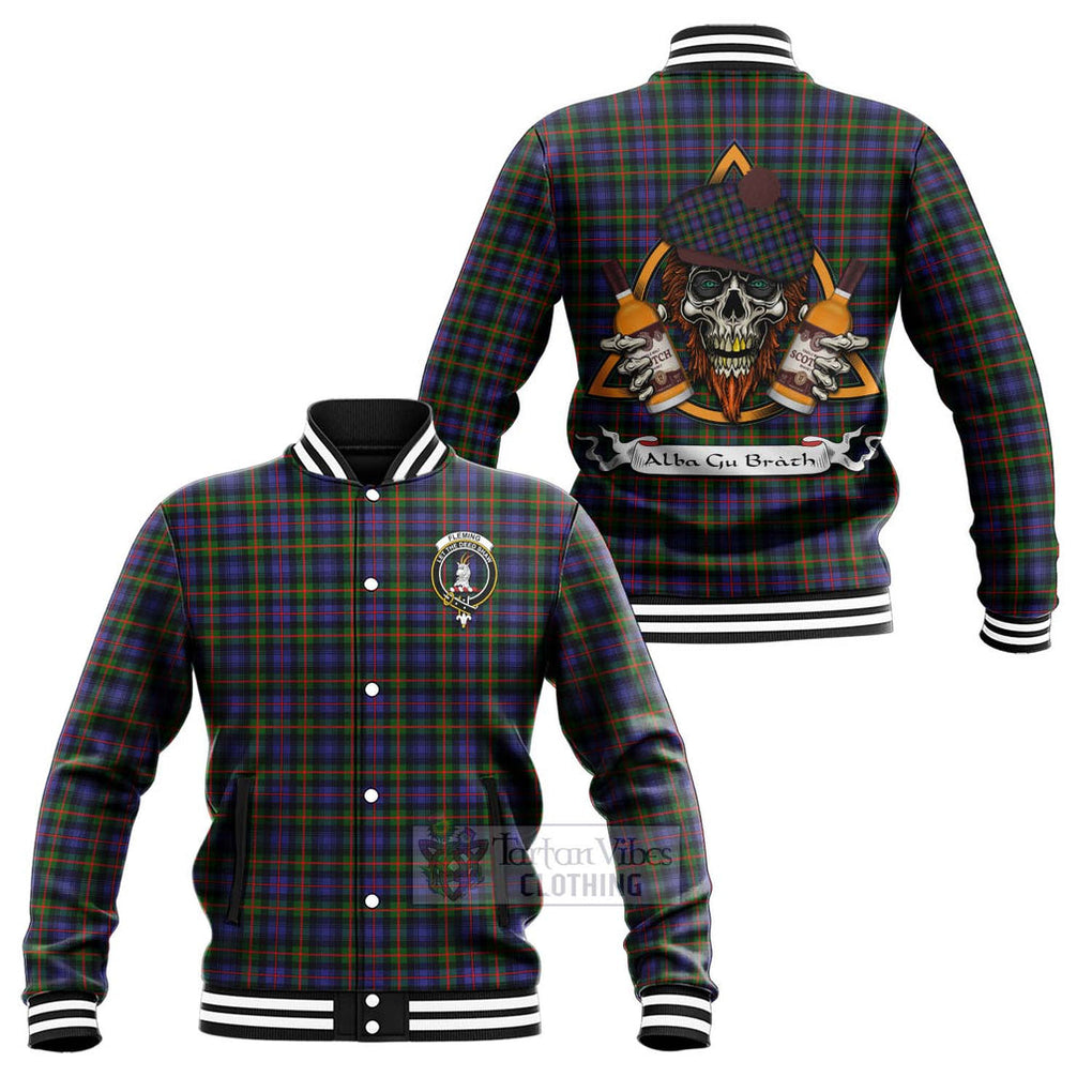 Tartan Vibes Clothing Fleming Tartan Baseball Jacket with Family Crest and Bearded Skull Holding Bottles of Whiskey