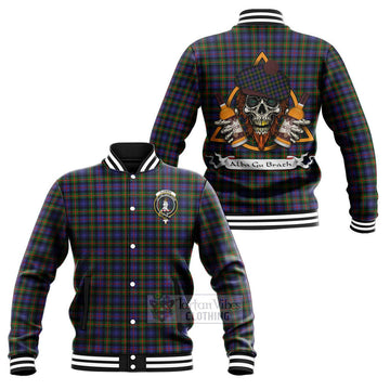 Fleming Tartan Baseball Jacket with Family Crest and Bearded Skull Holding Bottles of Whiskey