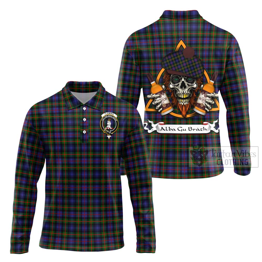 Tartan Vibes Clothing Fleming Tartan Long Sleeve Polo Shirt with Family Crest and Bearded Skull Holding Bottles of Whiskey