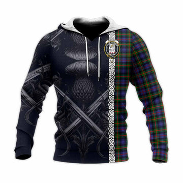 Fleming Tartan Knitted Hoodie with Family Crest Cross Sword Thistle Celtic Vibes