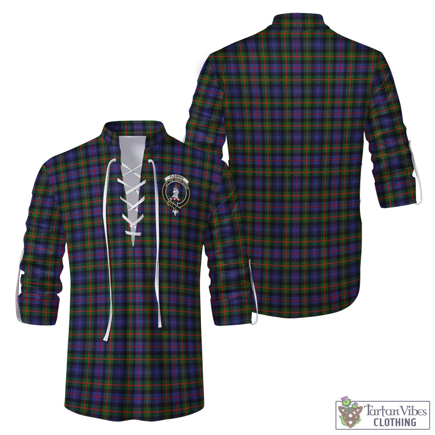 Tartan Vibes Clothing Fleming Tartan Men's Scottish Traditional Jacobite Ghillie Kilt Shirt with Family Crest