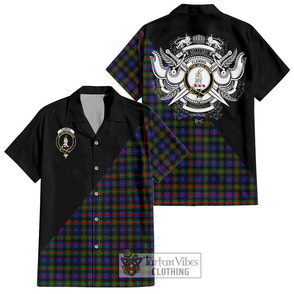 Fleming Tartan Short Sleeve Button Shirt with Family Crest and Military Logo Style Kid - Tartanvibesclothing Shop