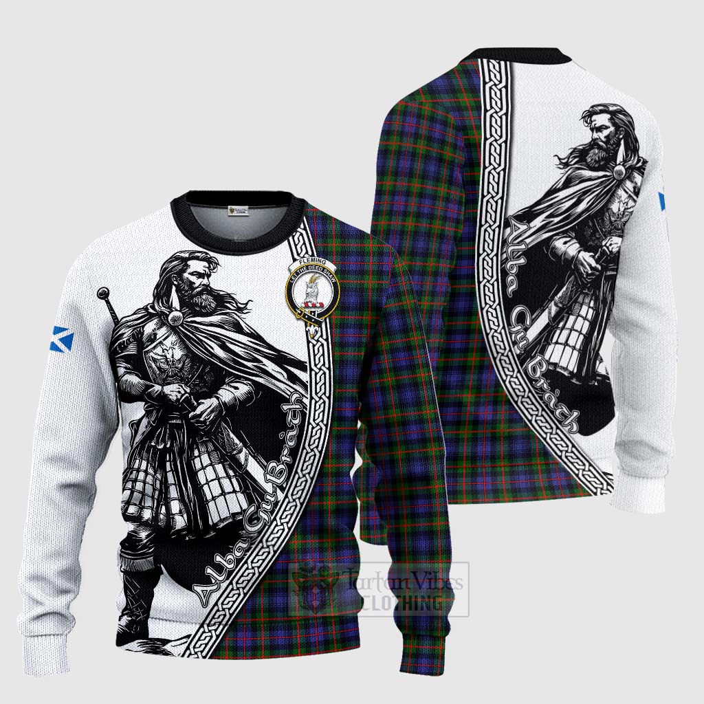 Fleming Tartan Clan Crest Knitted Sweater with Highlander Warrior Celtic Style Unisex - Tartan Vibes Clothing