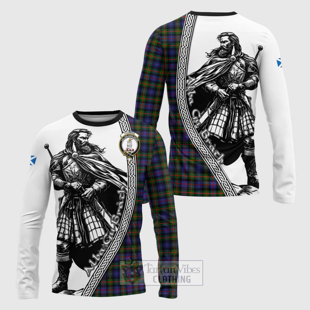 Tartan Vibes Clothing Fleming Tartan Clan Crest Long Sleeve T-Shirt with Highlander Warrior Celtic Style