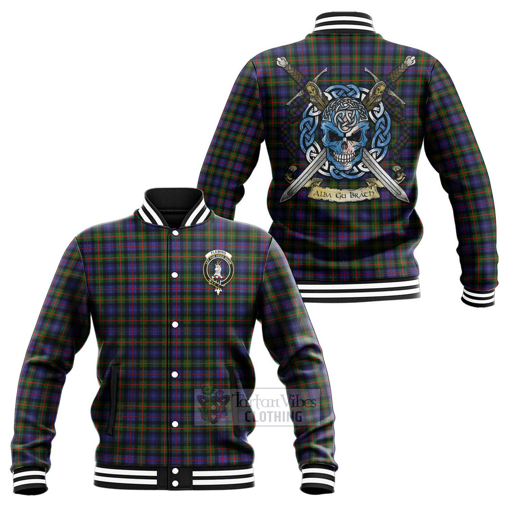 Tartan Vibes Clothing Fleming Tartan Baseball Jacket with Family Crest Celtic Skull Style