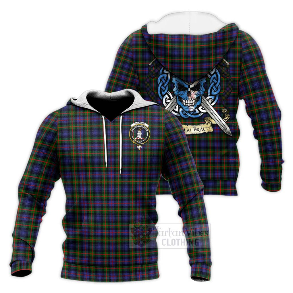 Tartan Vibes Clothing Fleming Tartan Knitted Hoodie with Family Crest Celtic Skull Style