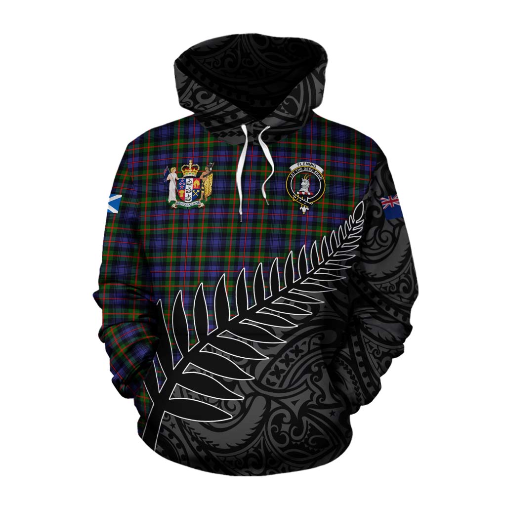 Tartan Vibes Clothing Fleming Crest Tartan Cotton Hoodie with New Zealand Silver Fern Half Style