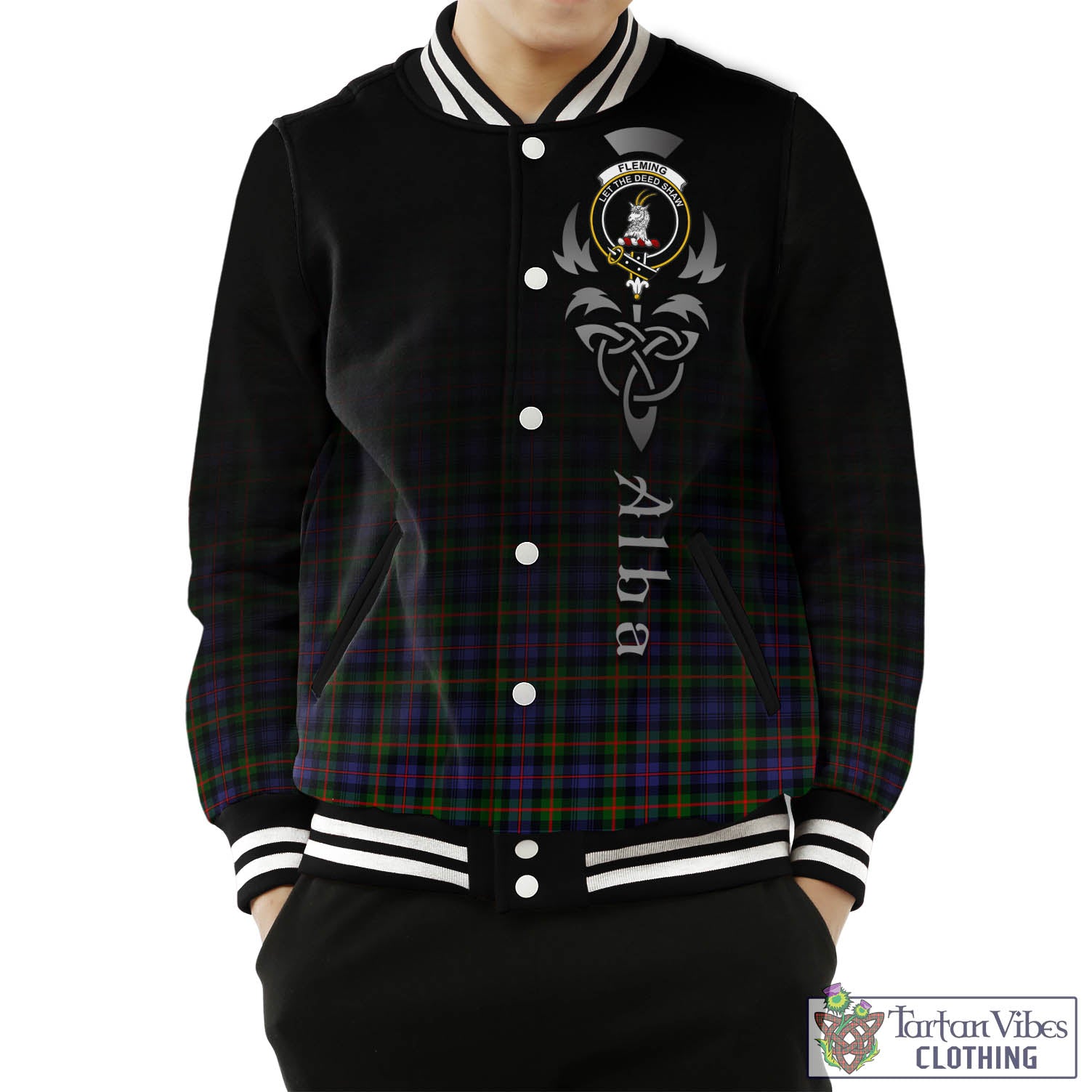 Tartan Vibes Clothing Fleming Tartan Baseball Jacket Featuring Alba Gu Brath Family Crest Celtic Inspired