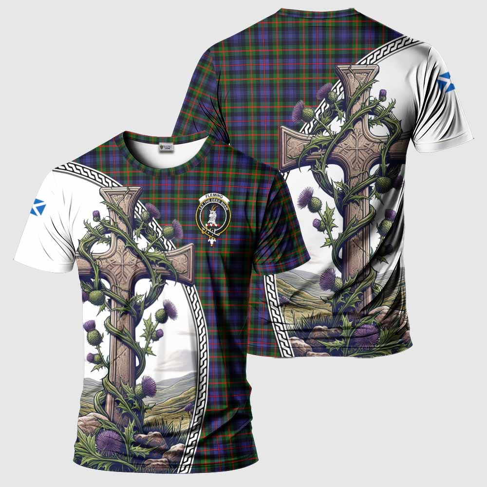 Tartan Vibes Clothing Fleming Agnew Tartan T-Shirt with Family Crest and St. Andrew's Cross Accented by Thistle Vines