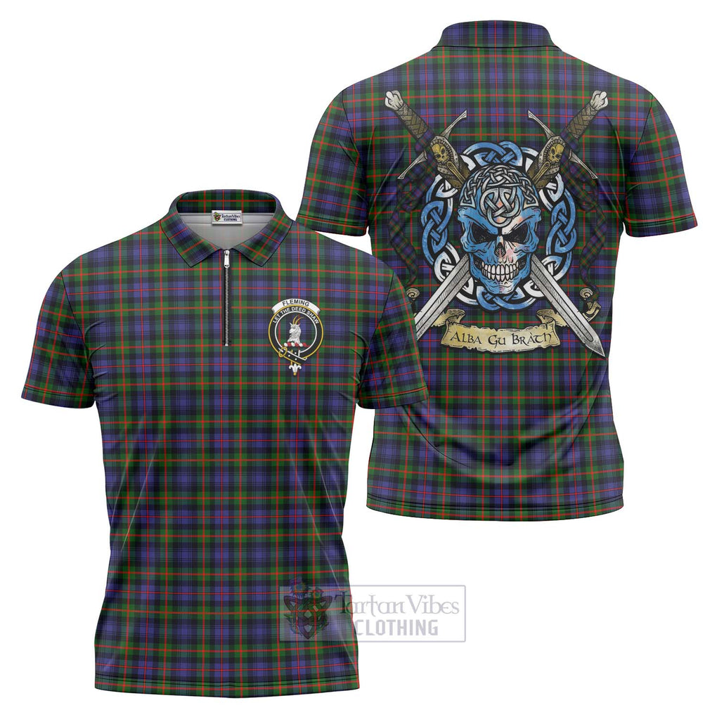 Tartan Vibes Clothing Fleming Tartan Zipper Polo Shirt with Family Crest Celtic Skull Style