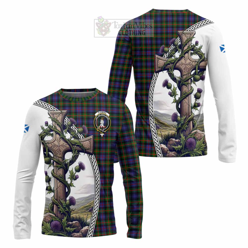 Tartan Vibes Clothing Fleming Tartan Long Sleeve T-Shirt with Family Crest and St. Andrew's Cross Accented by Thistle Vines