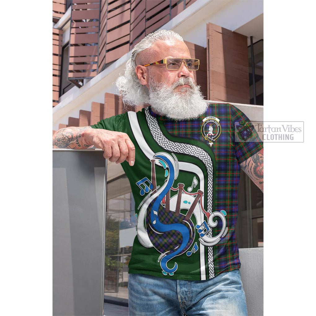 Tartan Vibes Clothing Fleming Tartan Cotton T-shirt with Epic Bagpipe Style