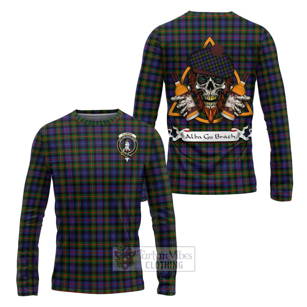 Tartan Vibes Clothing Fleming Tartan Long Sleeve T-Shirt with Family Crest and Bearded Skull Holding Bottles of Whiskey