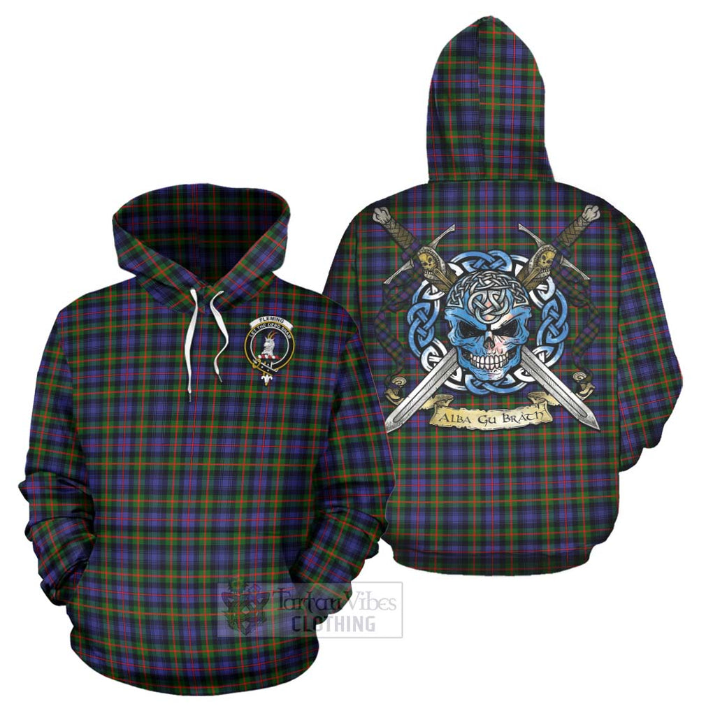 Tartan Vibes Clothing Fleming Tartan Hoodie with Family Crest Celtic Skull Style