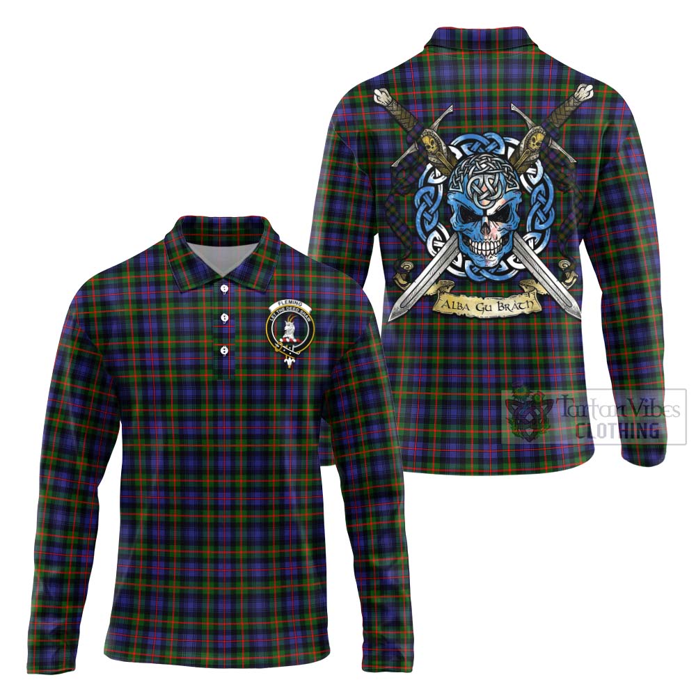 Tartan Vibes Clothing Fleming Tartan Long Sleeve Polo Shirt with Family Crest Celtic Skull Style