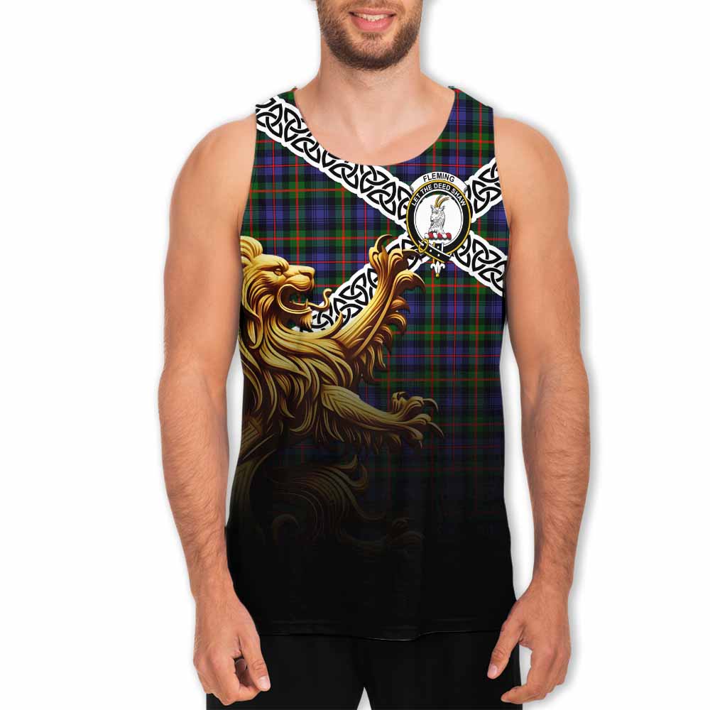 Fleming Crest Tartan Men's Tank Top with Golden Lion Emblem Celtic Style Men - Tartan Vibes Clothing