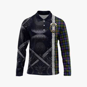 Fleming Tartan Long Sleeve Polo Shirt with Family Crest Cross Sword Thistle Celtic Vibes