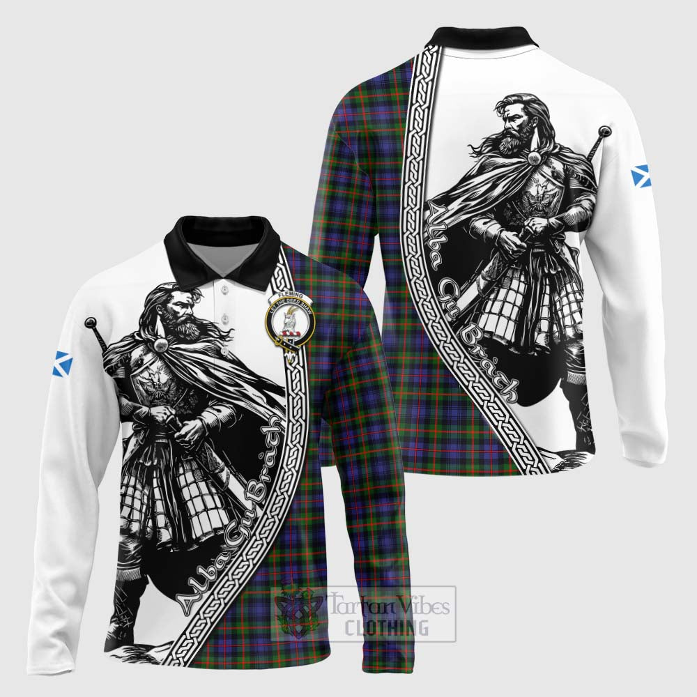 Tartan Vibes Clothing Fleming Tartan Clan Crest Long Sleeve Polo Shirt with Highlander Warrior Celtic Style