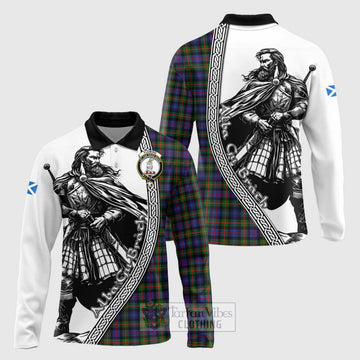 Fleming Tartan Clan Crest Long Sleeve Polo Shirt with Highlander Warrior Celtic Style