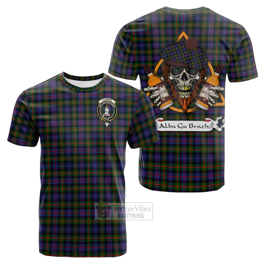 Tartan Vibes Clothing Fleming Tartan Cotton T-shirt with Family Crest and Bearded Skull Holding Bottles of Whiskey