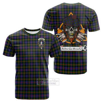 Fleming Tartan Cotton T-shirt with Family Crest and Bearded Skull Holding Bottles of Whiskey