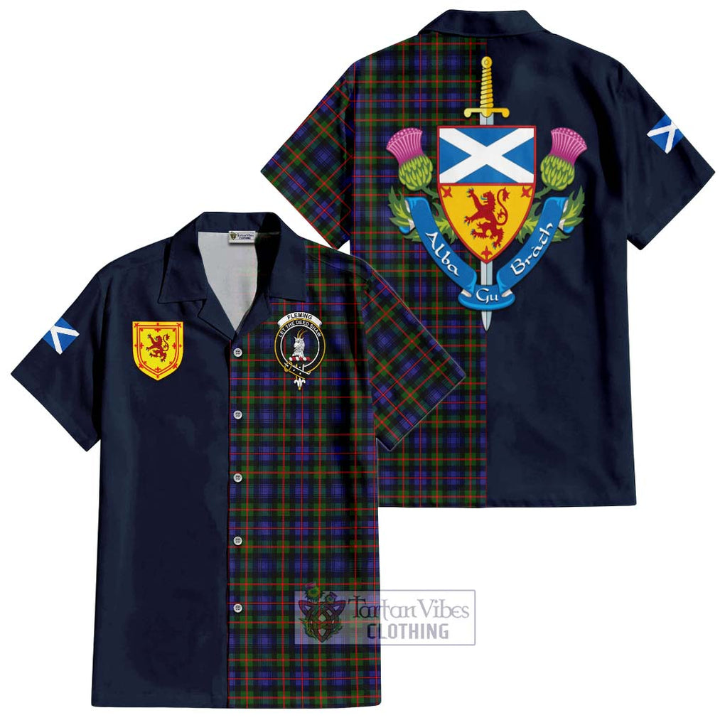 Tartan Vibes Clothing Fleming Tartan Short Sleeve Button Shirt with Scottish Lion Royal Arm Half Style