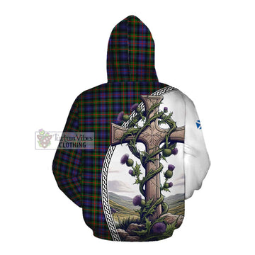 Fleming Tartan Cotton Hoodie with Family Crest and St. Andrew's Cross Accented by Thistle Vines Pullover Hoodie - Tartan Vibes Clothing