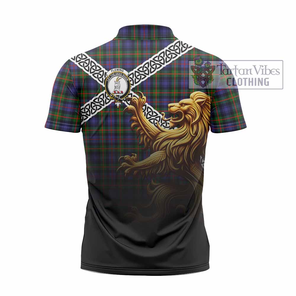 Fleming Crest Tartan Zipper Polo Shirt with Golden Lion Emblem Celtic Style - Tartan Vibes Clothing