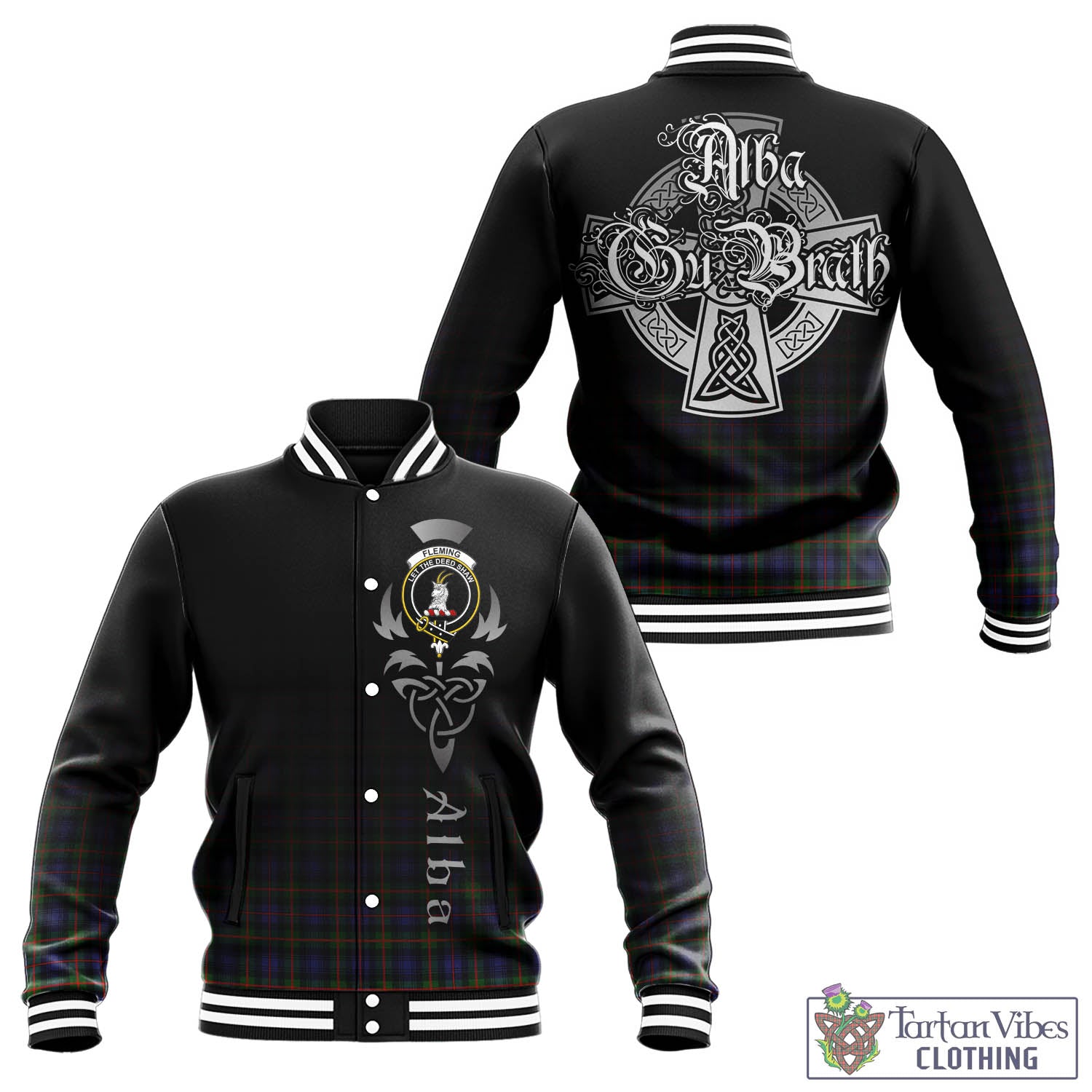 Tartan Vibes Clothing Fleming Tartan Baseball Jacket Featuring Alba Gu Brath Family Crest Celtic Inspired