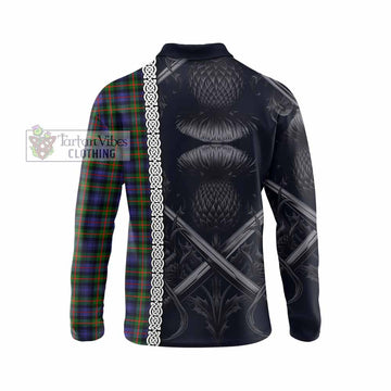 Fleming Tartan Long Sleeve Polo Shirt with Family Crest Cross Sword Thistle Celtic Vibes