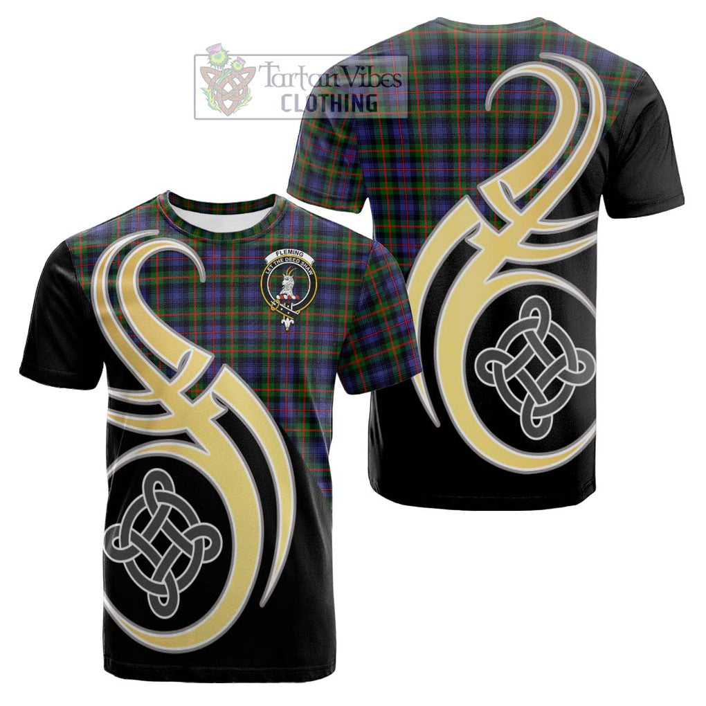 Tartan Vibes Clothing Fleming Tartan Cotton T-shirt with Family Crest and Celtic Symbol Style