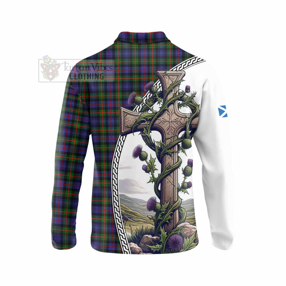 Tartan Vibes Clothing Fleming Tartan Long Sleeve Polo Shirt with Family Crest and St. Andrew's Cross Accented by Thistle Vines