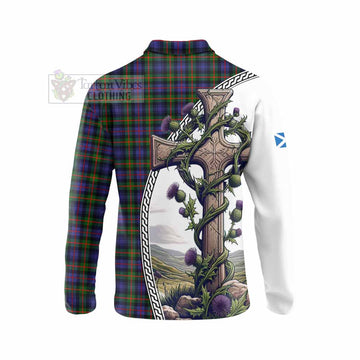 Fleming Tartan Long Sleeve Polo Shirt with Family Crest and St. Andrew's Cross Accented by Thistle Vines