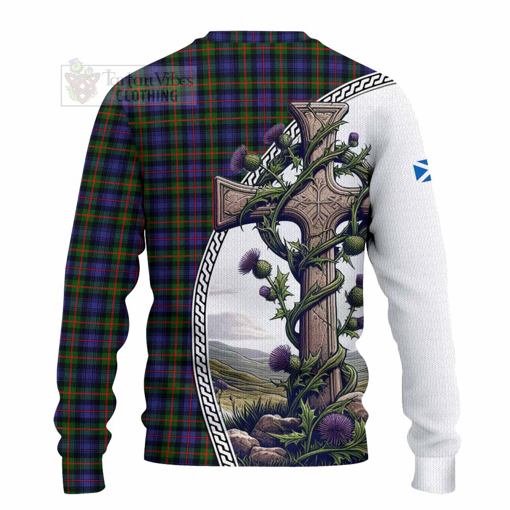 Fleming Tartan Knitted Sweater with Family Crest and St. Andrew's Cross Accented by Thistle Vines - Tartan Vibes Clothing