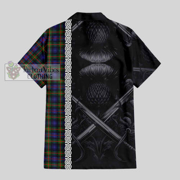 Fleming Tartan Short Sleeve Button Shirt with Family Crest Cross Sword Thistle Celtic Vibes